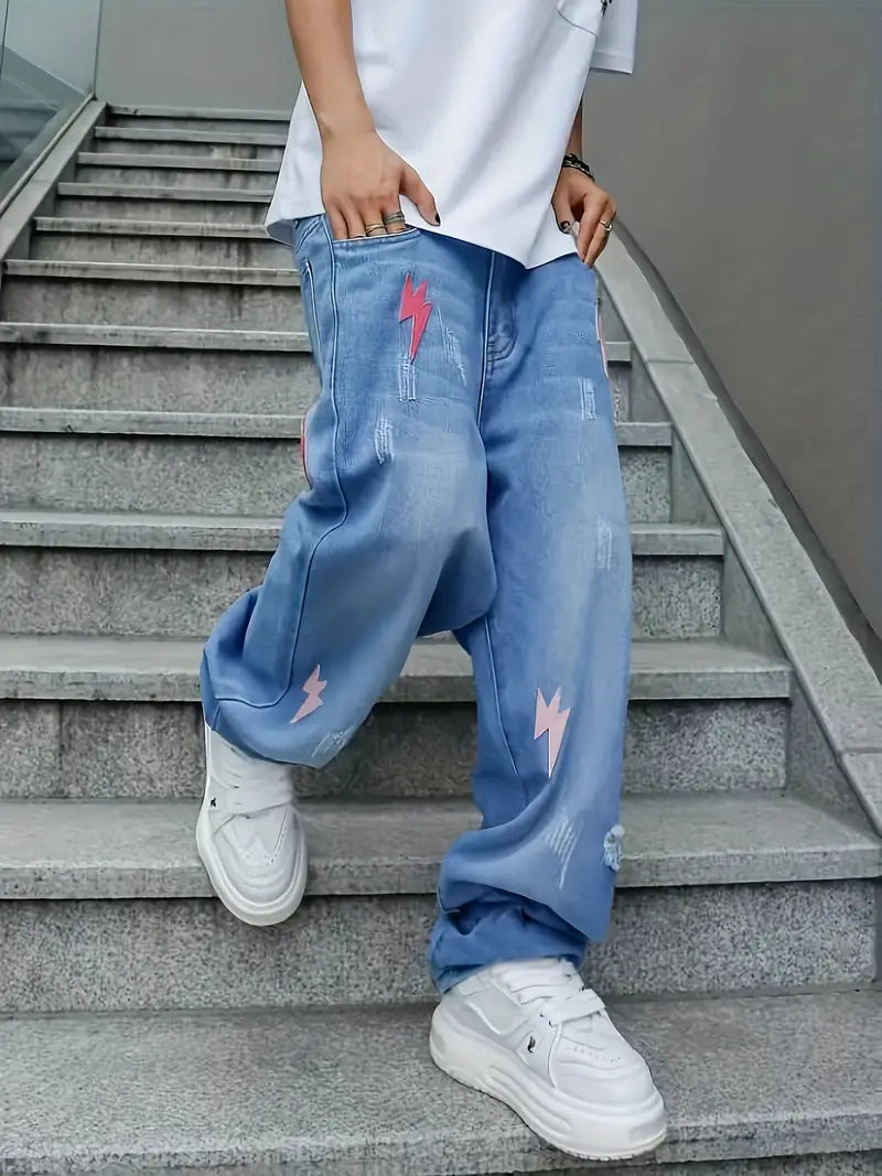Calça jeans masculina com padrão de bordado