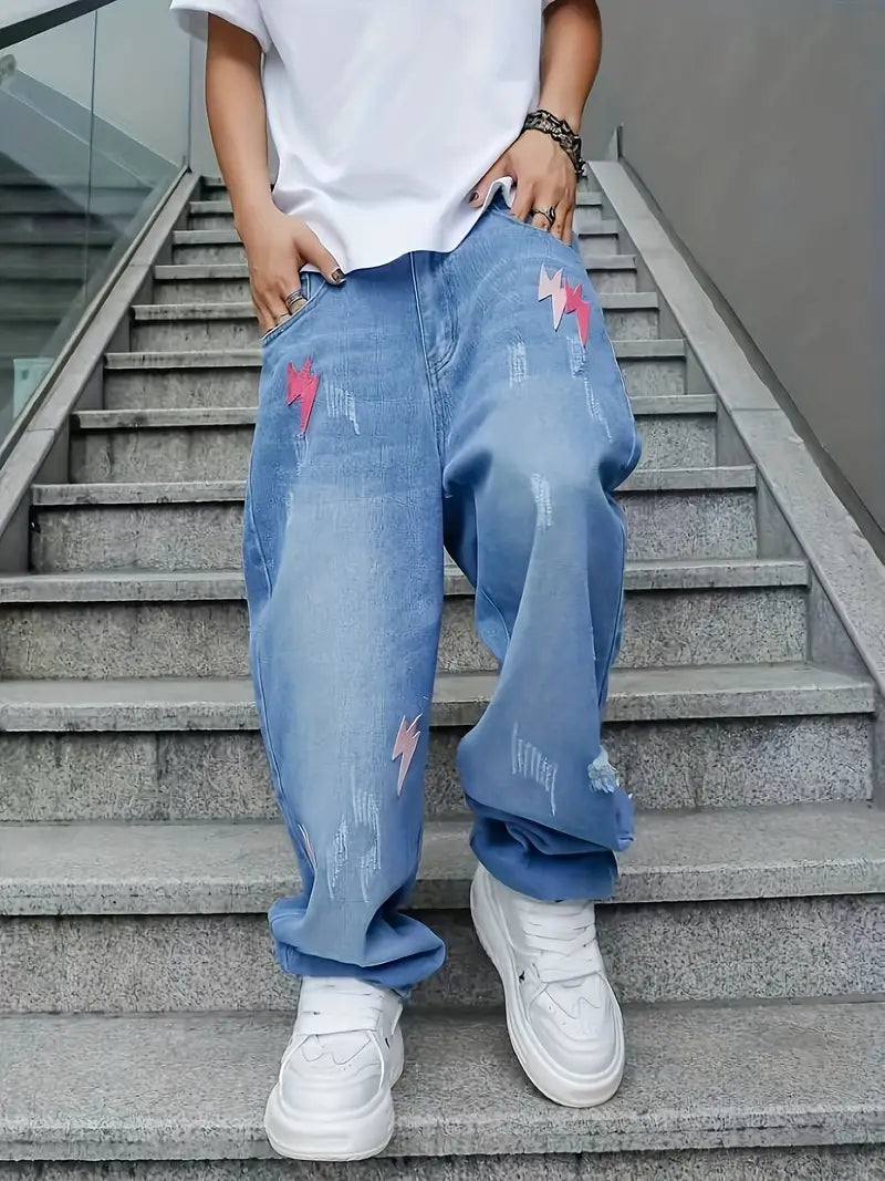 Calça jeans masculina com padrão de bordado